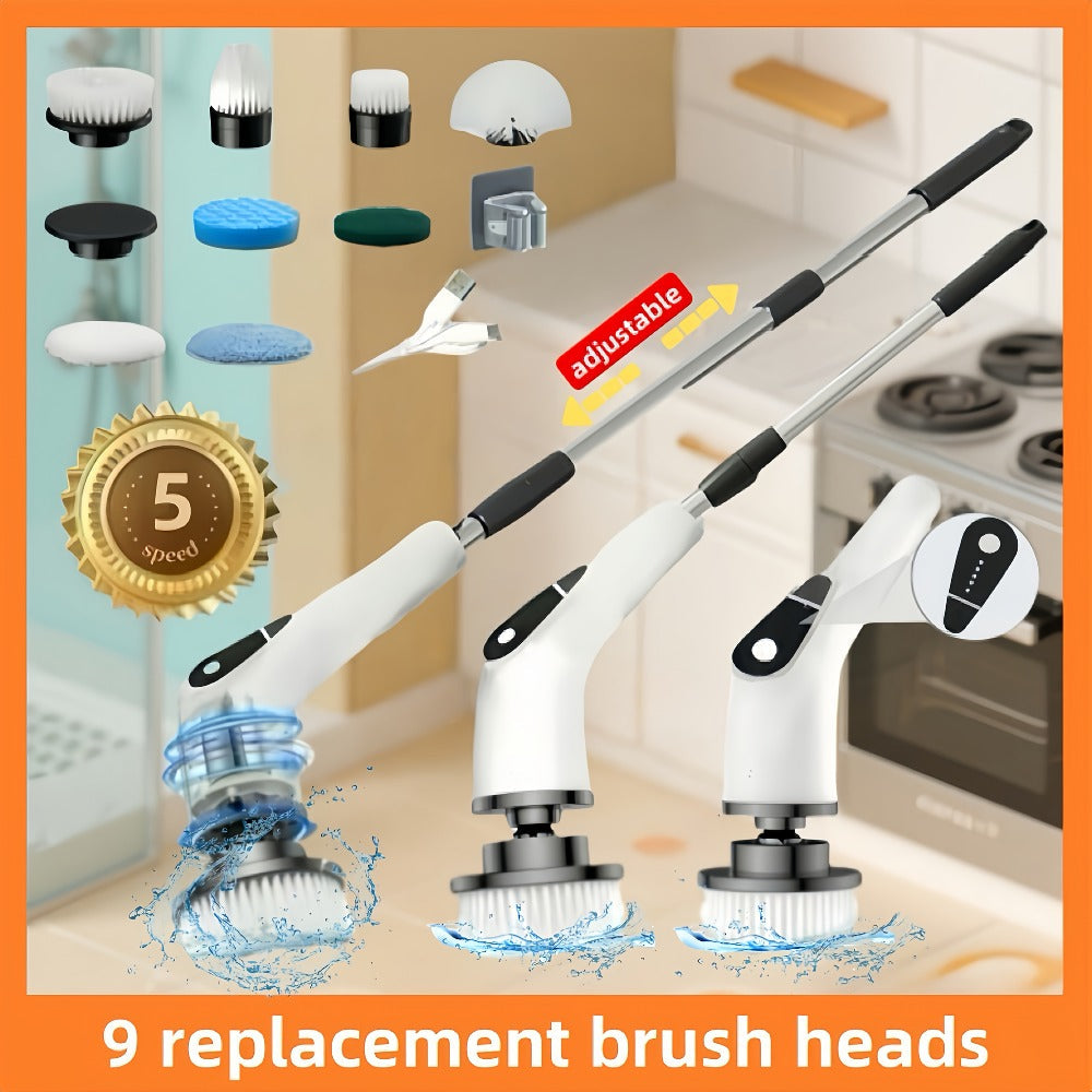 Electric Spin Scrubber with 9 Interchangeable Brush Heads 5 Speed Settings & 3 Extendable for Home Cooking, Dining and Outdoor Meals