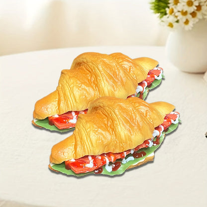 Realistic Fake Food Props 2PCS Simulation Bacon Croissant Bread, Lifelike TPU Play Food for Kids Kitchen Toy