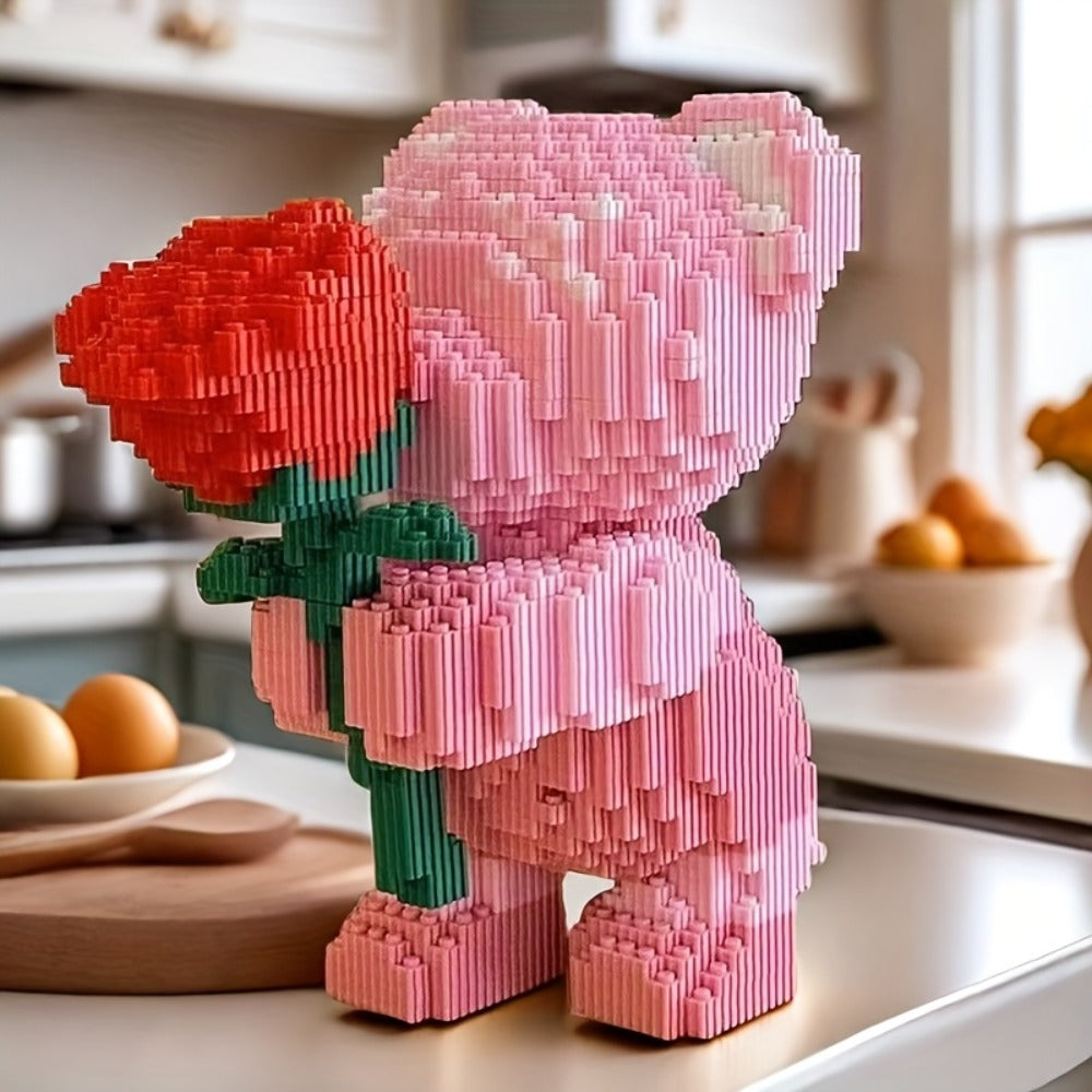 Rose Bear Building Blocks Set 4051 Pieces – Romantic Bear Holding Rose Brick Model Kit High-Difficulty Display Build