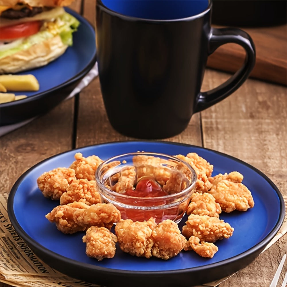Dinnerware Set Options for Four with Round Plates, Bowls and Cups in Black, Red, Blue, Green or Floral Designs
