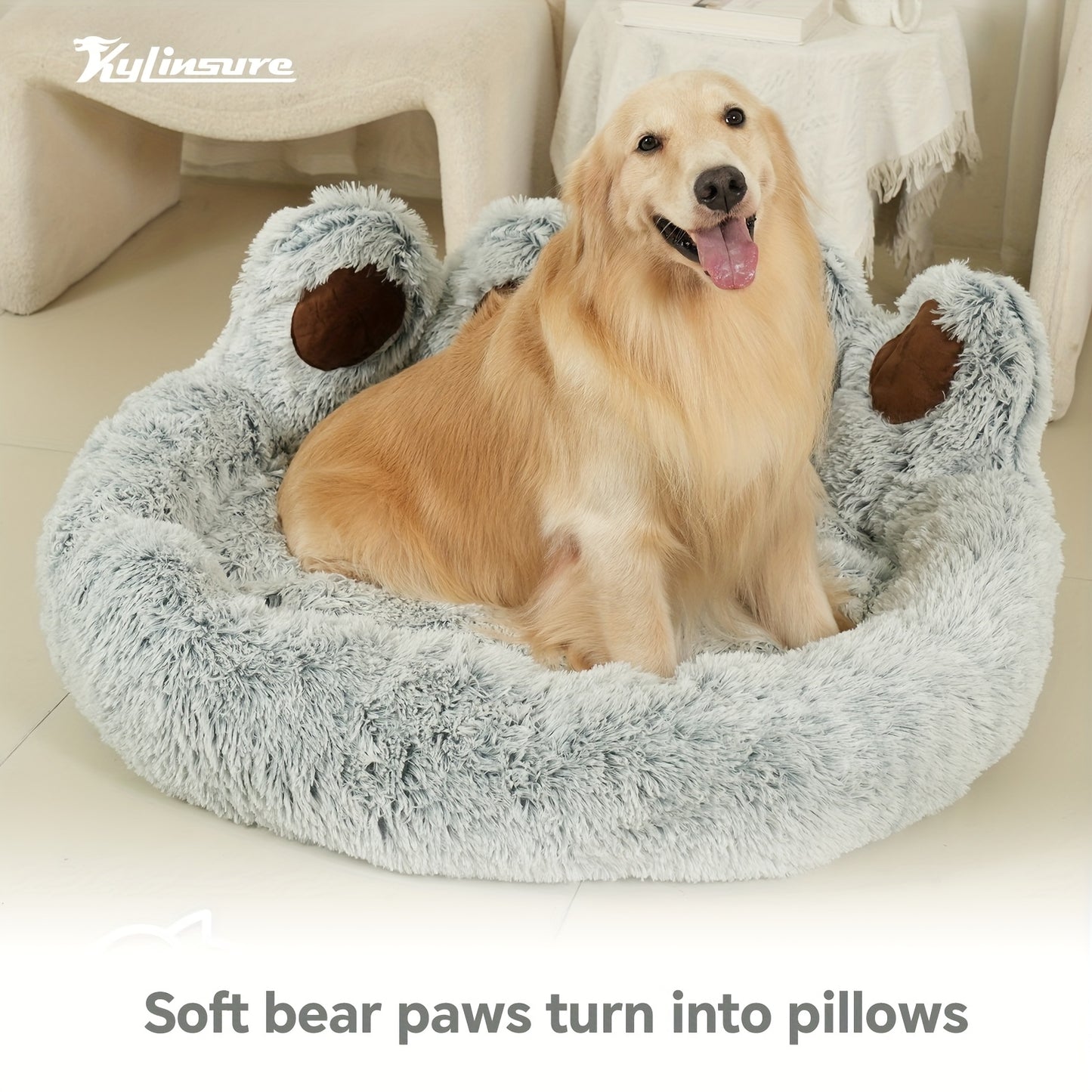 Dog Bed Cat Bed Bear Paw Shaped Donut – Calming Round Plush Pet Mattress, Warm & Soft Cuddler Bed for Dogs and Cats, Includes Pet Scarf