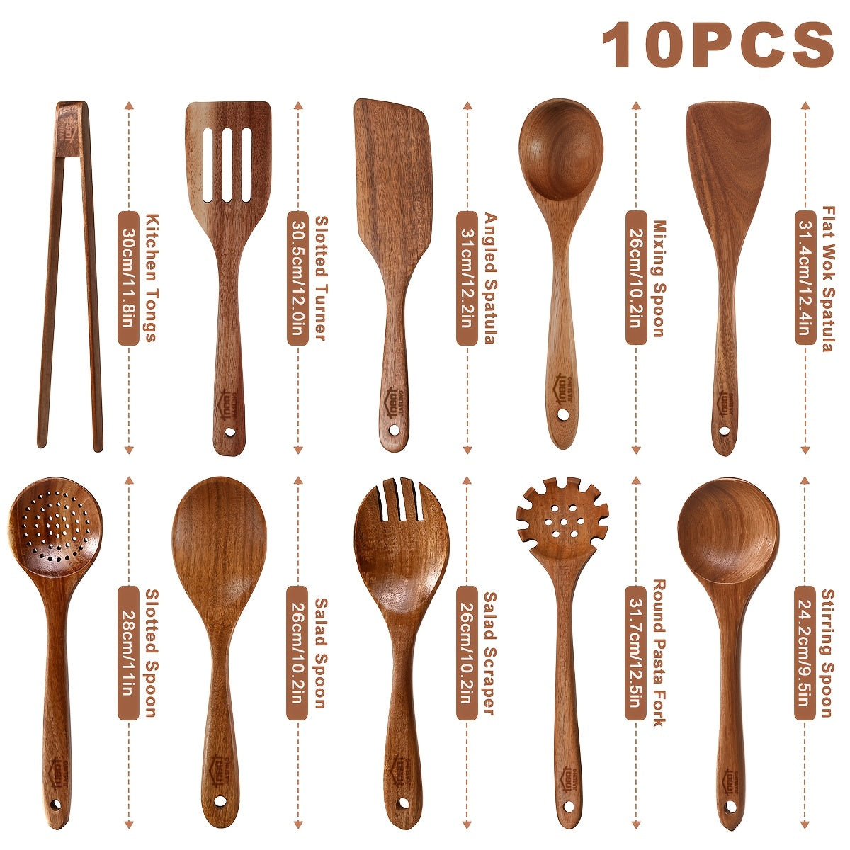 Kitchen Utensils 10-Piece Teak Wood Spoon and Spatula Set with Thickened, Basic and Shovel Configurations