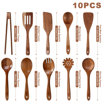 Kitchen Utensils 10-Piece Teak Wood Spoon and Spatula Set with Thickened, Basic and Shovel Configurations