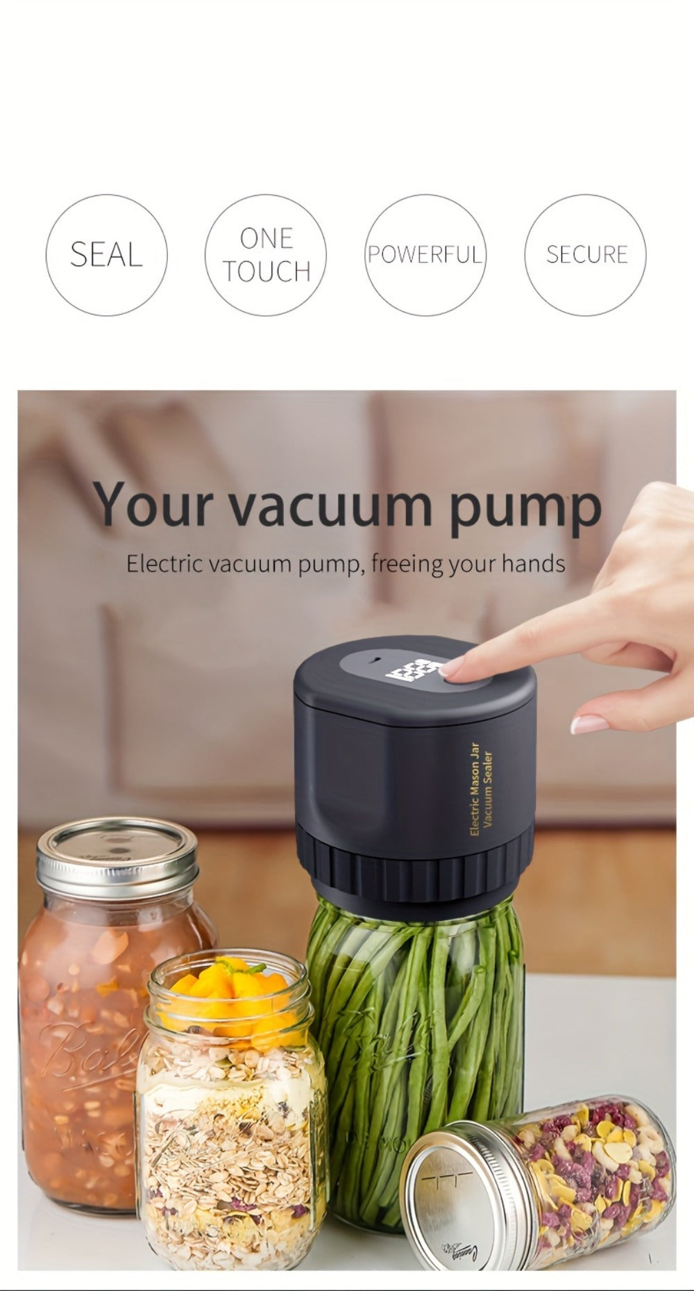 Electric Mason Jar Sealer One-Touch Vacuum Seal - 2025 New Model Jar Sealer Kit with Wide Mouth & Regular Mouth Lids