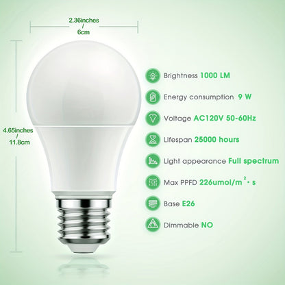 Grow Light Bulb A19 E26 Full Spectrum 9W 100W Equivalent | Natural White 4000K LED Plant Bulb for Indoor Plants Seed Starting | 2 4 6 12