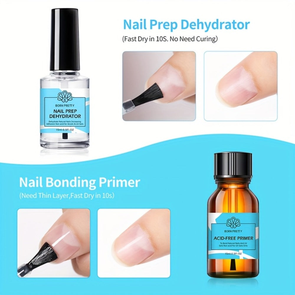 Gel Nail Prep Kit 4-Piece BORN PRETTY – Nail Dehydrator 15ml, Primer 15ml, Base Gel 10ml & Super Top Coat 10ml for Semi-Permanent