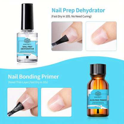 Gel Nail Prep Kit 4-Piece BORN PRETTY – Nail Dehydrator 15ml, Primer 15ml, Base Gel 10ml & Super Top Coat 10ml for Semi-Permanent