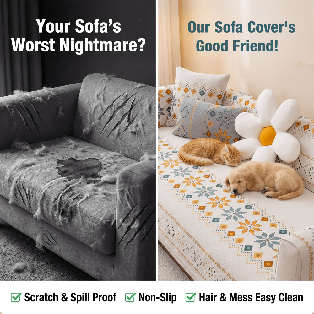 Sofa Cover, One-Piece Chenille Bohemian Pattern Couch Pad in White or Green for Two to Four Seats