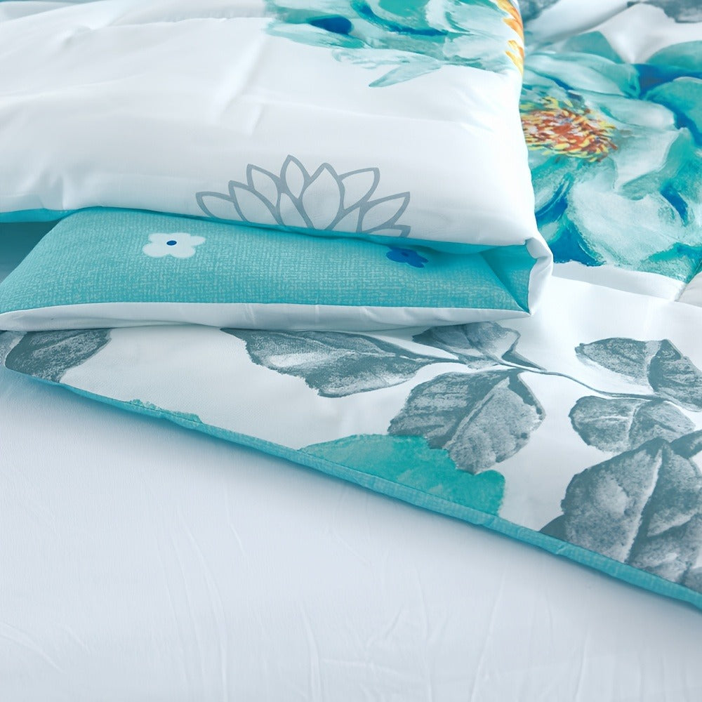 Botanical Floral Comforter and Pillowcase Set in Pink, Cyan or Lake Blue with Twin, Queen and King Sizes