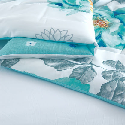 Botanical Floral Comforter and Pillowcase Set in Pink, Cyan or Lake Blue with Twin, Queen and King Sizes