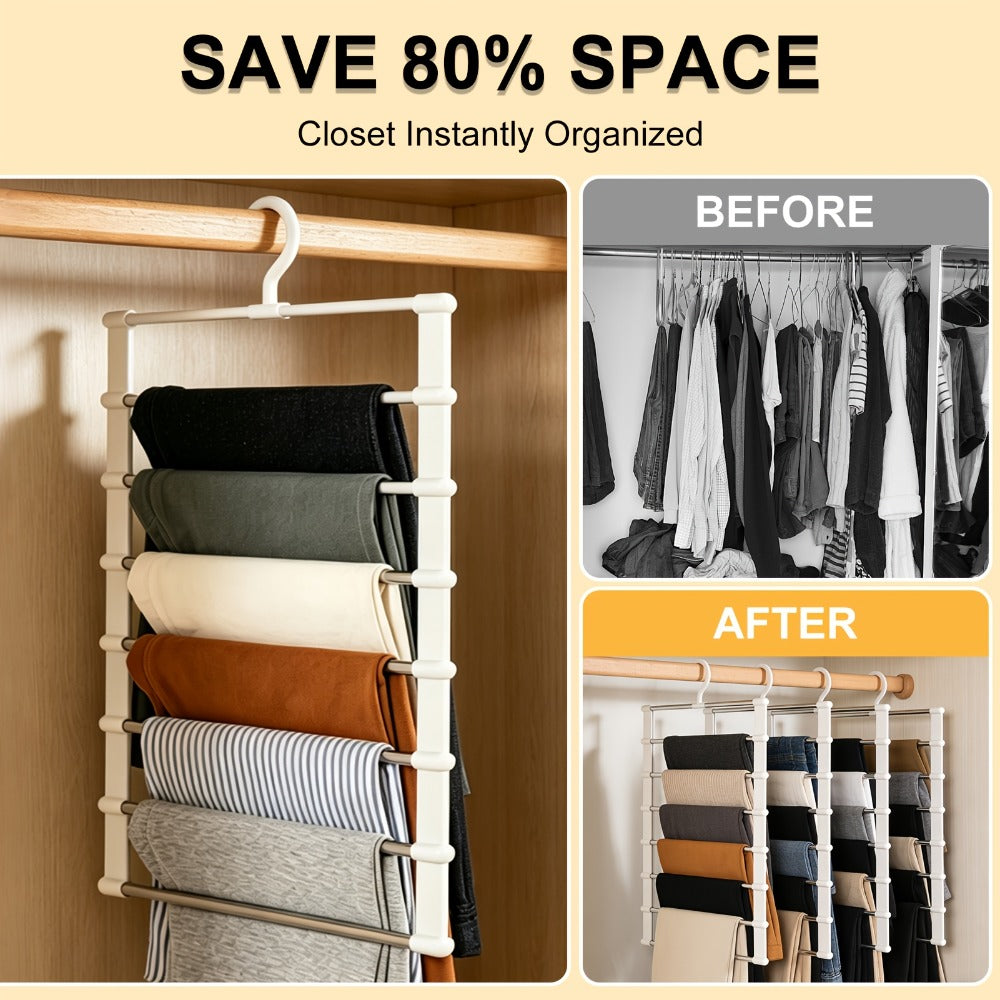 Pants Hangers Foldable Multi-Layer Stainless Steel | Non-Slip Space Saving Closet Organizer for Jeans Leggings Scarves Trousers | 4 or 8