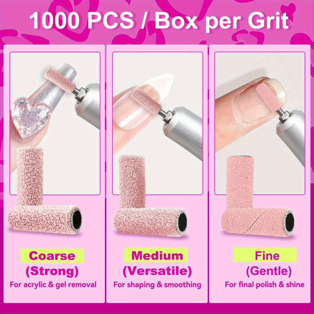 Nail Sanding Bands 1000 Pack with Mandrel Bit – Coarse Medium Fine Grit 3mm Nail Drill Bits for Acrylic Removal
