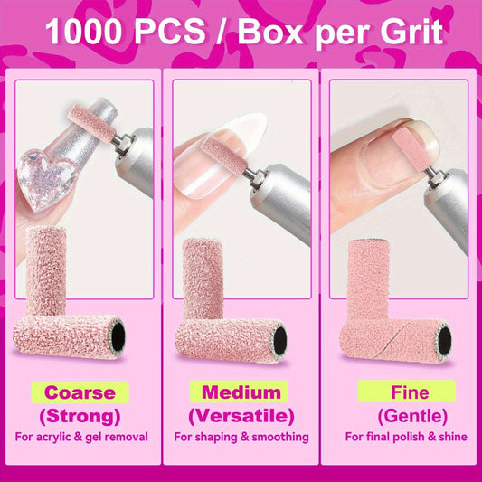 Nail Sanding Bands 1000 Pack with Mandrel Bit – Coarse Medium Fine Grit 3mm Nail Drill Bits for Acrylic Removal