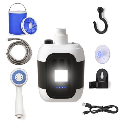 Portable Outdoor Shower with Light 2-in-1 – 2000mAh Rechargeable, Power Display, Spray Nozzle, Hose & Suction Cup – Camping, Hiking