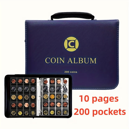 Coin Collection Book with Zipper & Handle 200/320 Pockets – 10/20 Page Coin Storage Album for Currency & Commemorative Coins