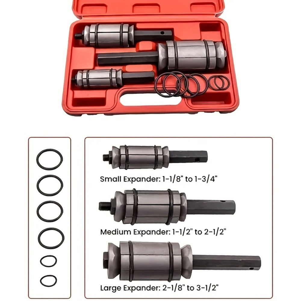 Pipe Expander Spreader Tool Set 3-Piece with 12 O-Rings – 1-1/8" to 3-1/2" Exhaust Muffler Silencer Repair Drop Forged Heat-Treated Steel