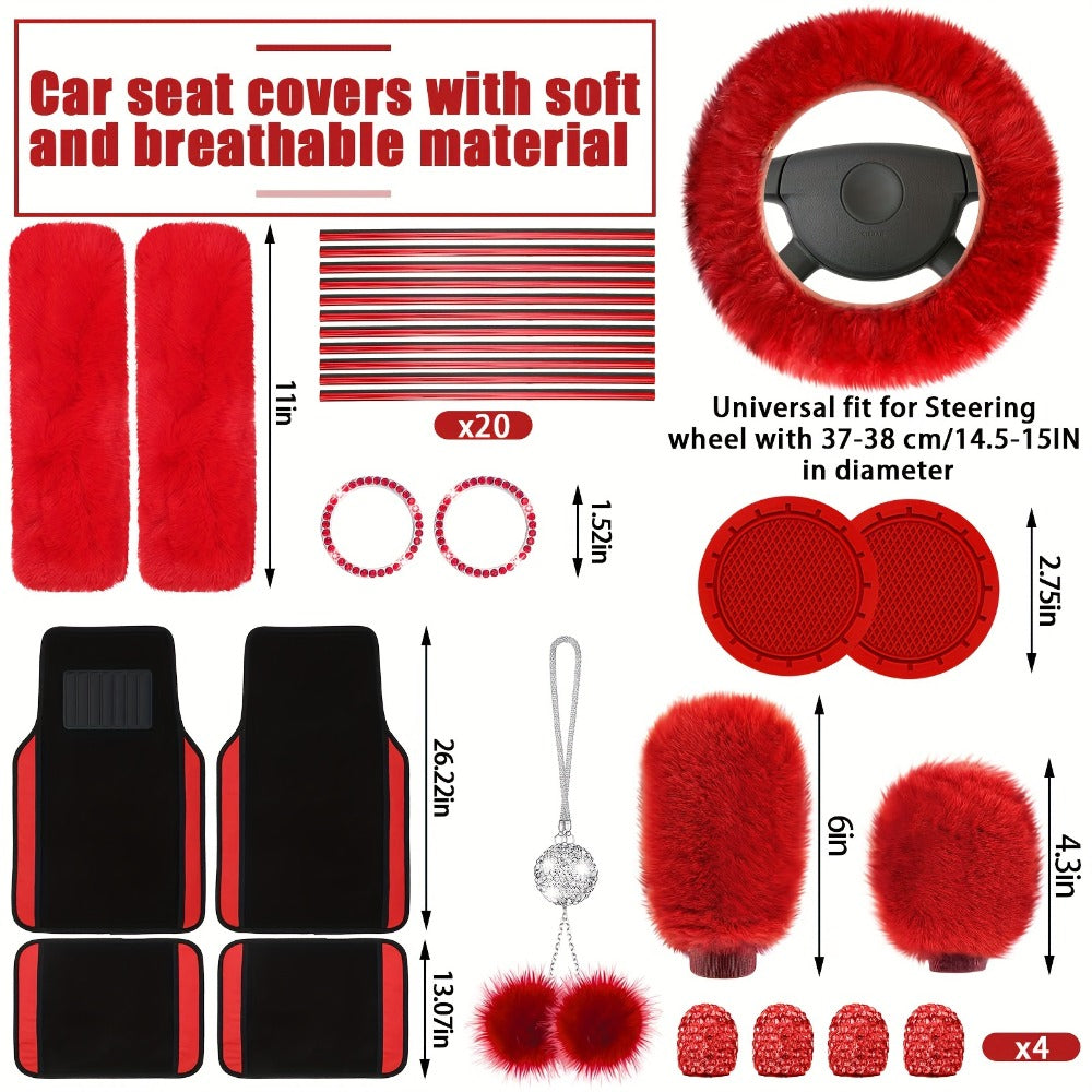 Car Seat Covers Fluffy Full-Cabin Accessory Set with Seat, Steering Wheel, Floor Mat and Belt Pieces