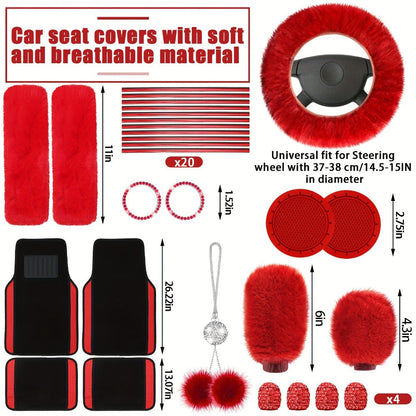 Car Seat Covers Fluffy Full-Cabin Accessory Set with Seat, Steering Wheel, Floor Mat and Belt Pieces