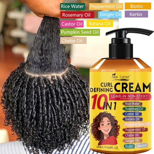 10-in-1 Curl Styling Cream in a 280ml Pump Bottle with Rice Water, Biotin and Named Oils Listed on Label