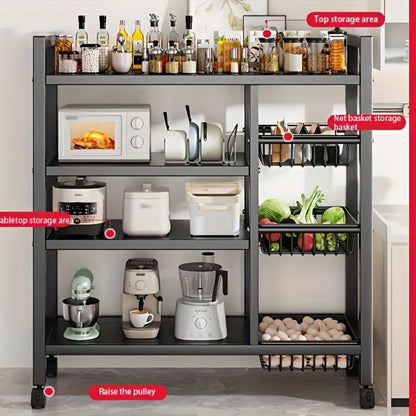 4 Tier Rolling Storage Rack with Wire Baskets Adjustable Metal Shelf on Wheels for Kitchen Pantry Bathroom Garage Closet Organizer