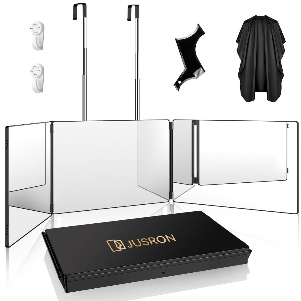 3-Way Self Haircut Mirror with LED Light & Accessories – 360° View Anti-Fog HD Glass, Height Adjustable Door Wall Table Mount