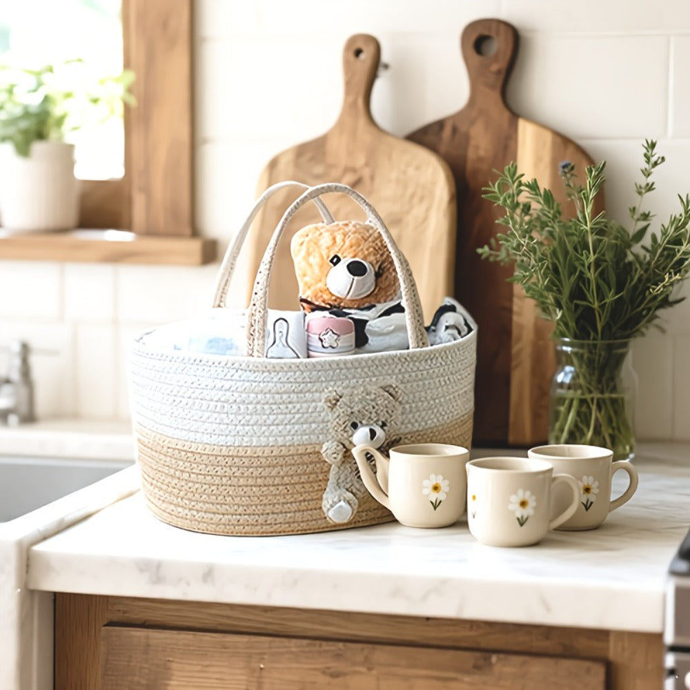 Cute Animal Woven Storage Basket, Decorative Desktop Organizer for Remote Controls, Toys, Stationery & Small Items