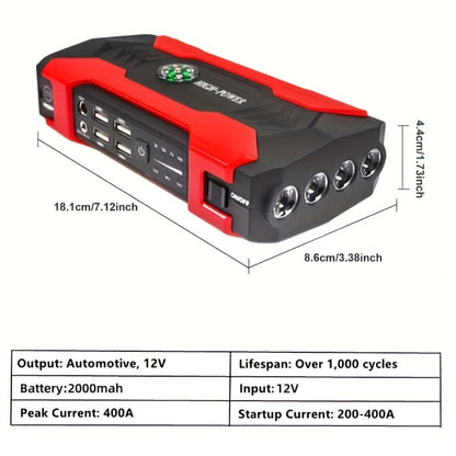 Portable Car Jump Starter 12V – Peak Power Battery Booster Pack for 8.0L Gas & Diesel Engines, USB Charging & LED Emergency Light