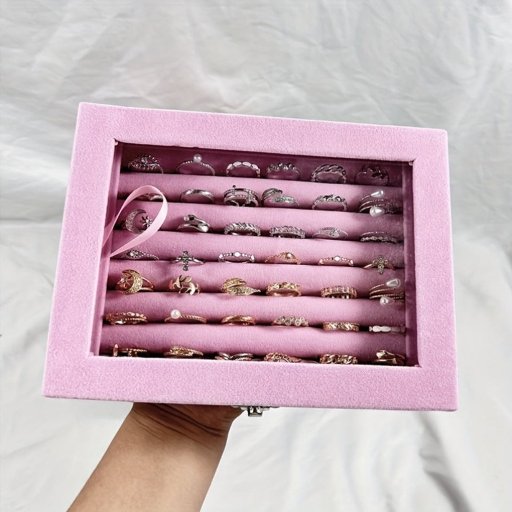 Jewelry Box with Locking Lid – 49-Ring Capacity Glass-Like Plastic Ring & Earring Organizer, Large Rectangular Storage Case