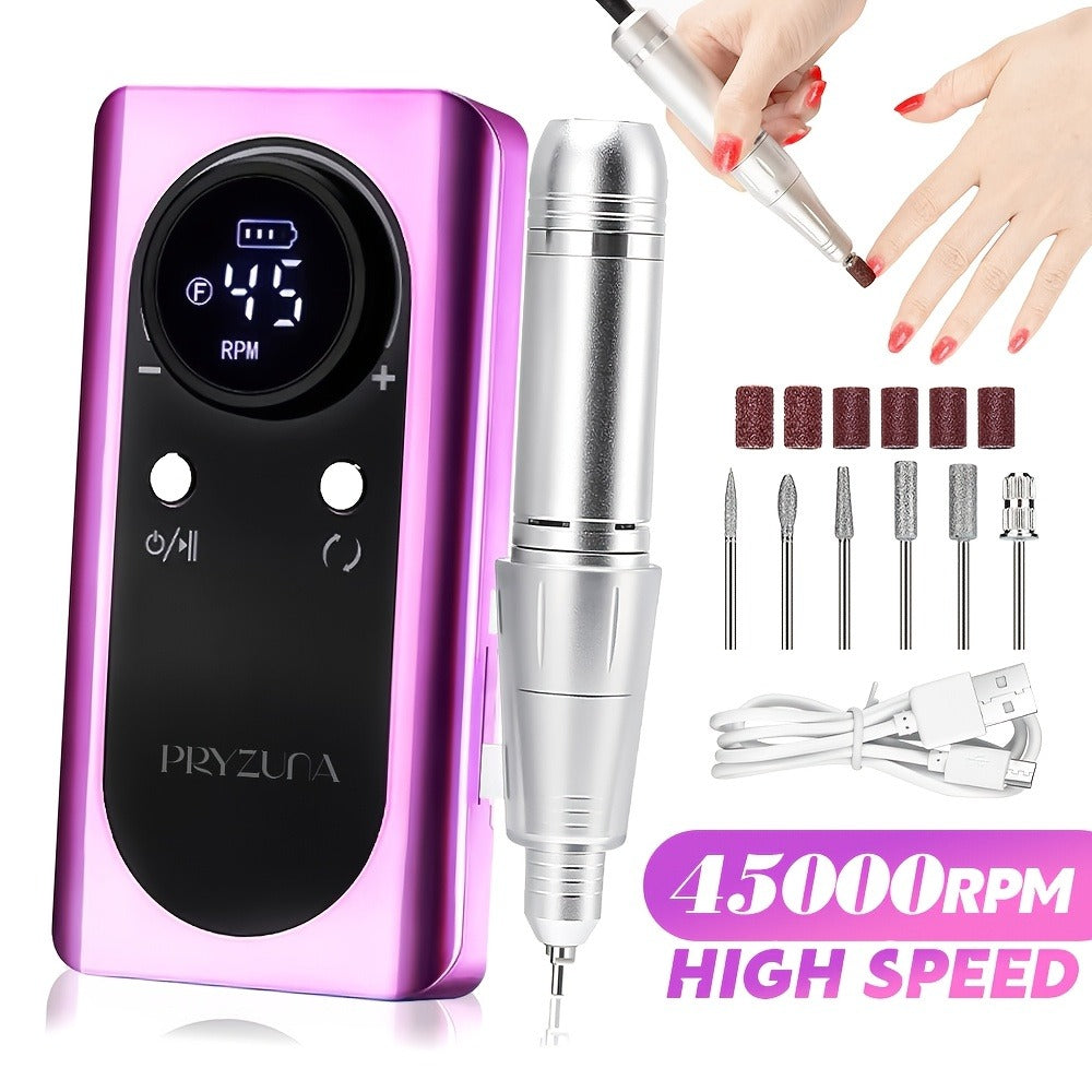 Electric Nail Drill 45000 RPM Brushless Kit with LCD Screen, 6 Bits, 6 Sanding Bands and Belt Clip