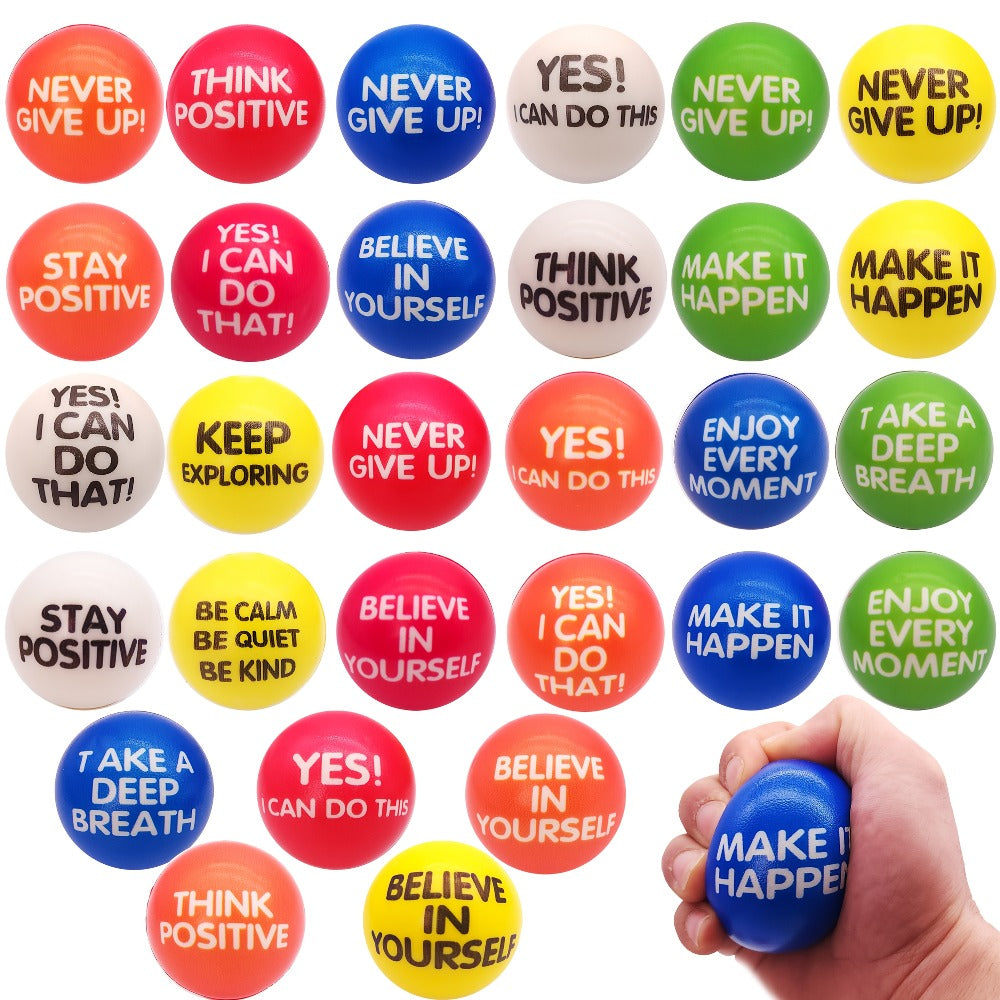 Inspirational Sponge Stress Balls 30 Pack 6.3cm, Motivational Slogan Hand Fitness Relaxation Balls for Classroom Rewards
