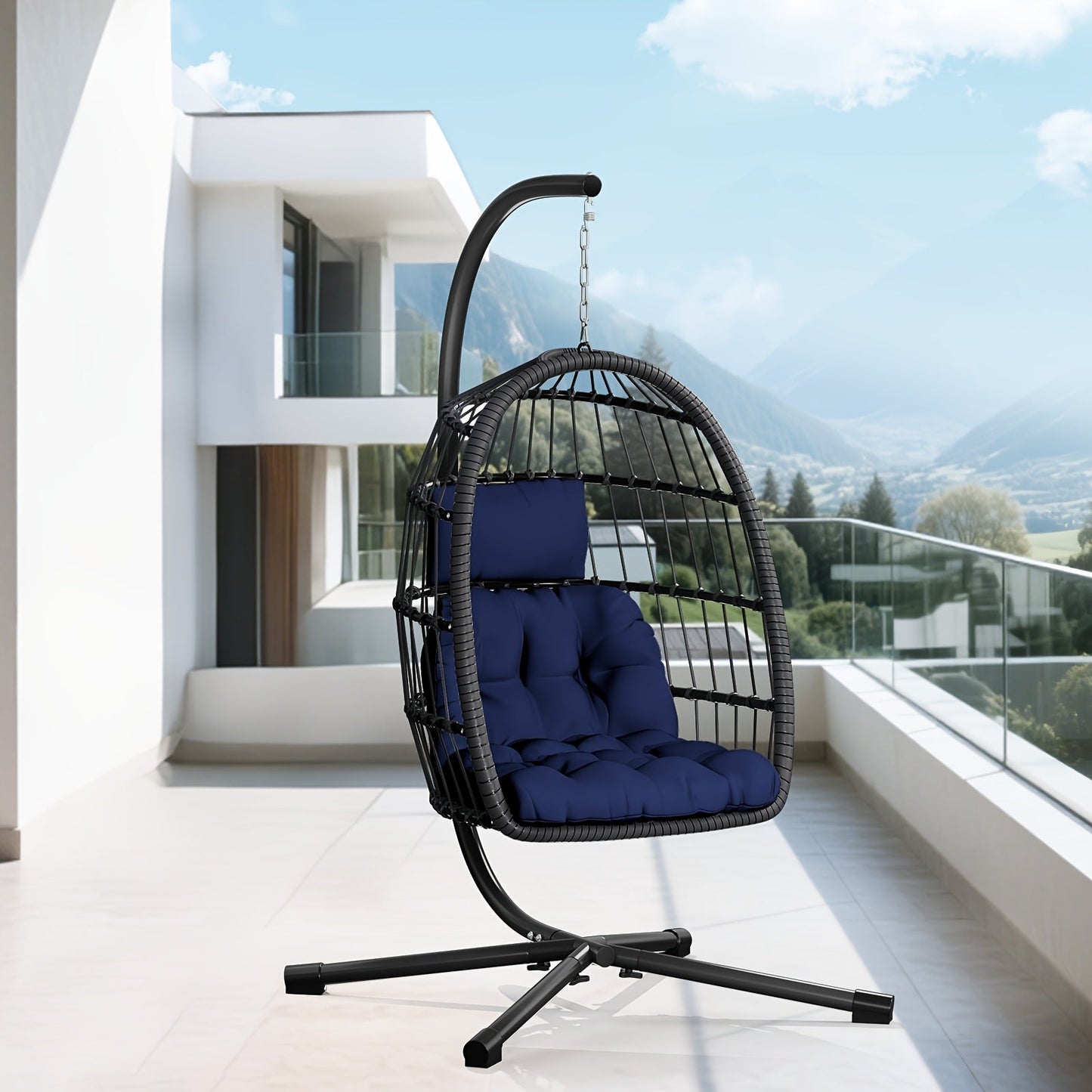 Outdoor Egg Chair with Stand Rattan Wicker Hanging Swing Hammock Chair Thickened Aluminum Frame UV-Resistant Cushion 350LBS Capacity Patio