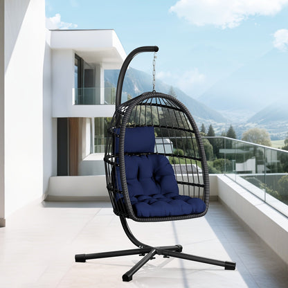 Outdoor Egg Chair with Stand Rattan Wicker Hanging Swing Hammock Chair Thickened Aluminum Frame UV-Resistant Cushion 350LBS Capacity Patio