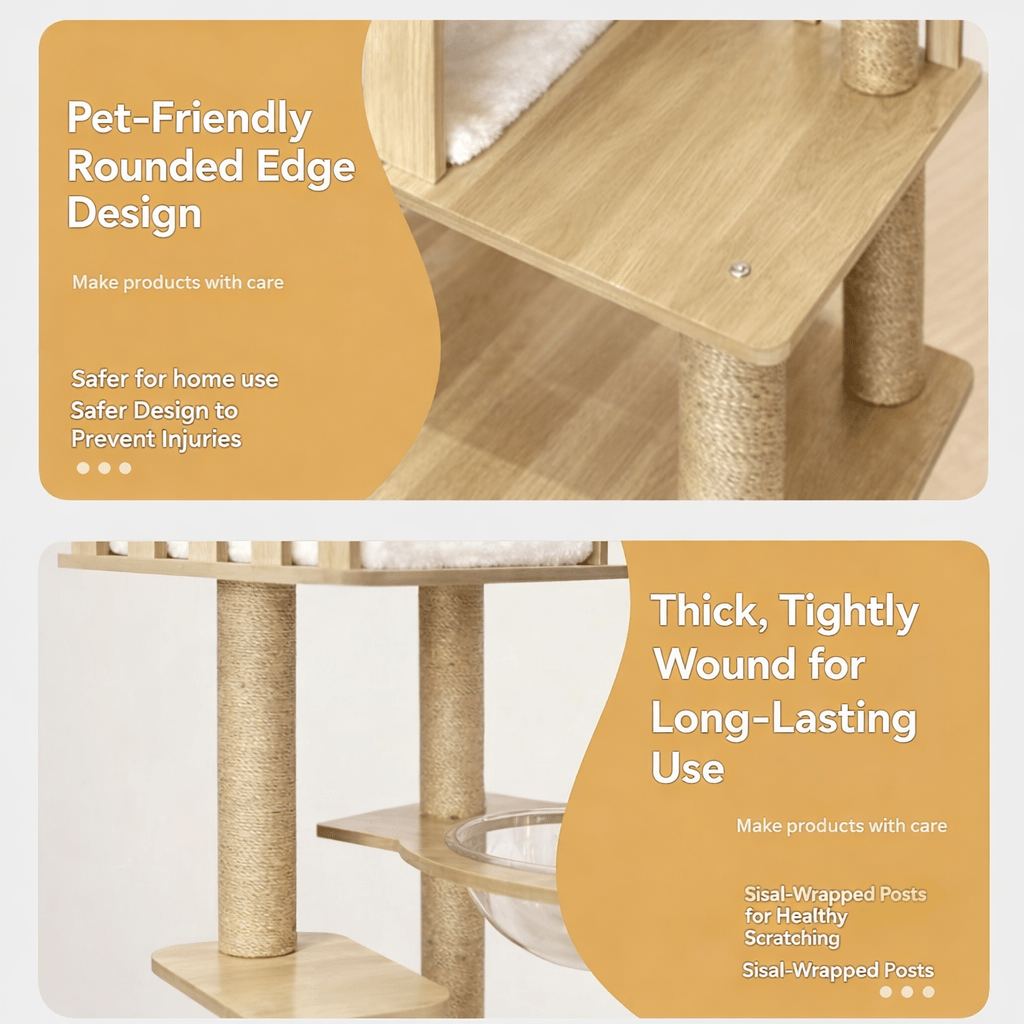 54-Inch Wood-Look Cat Tree with Clear Space Capsule, Enclosed House, Platforms and Step Ladder