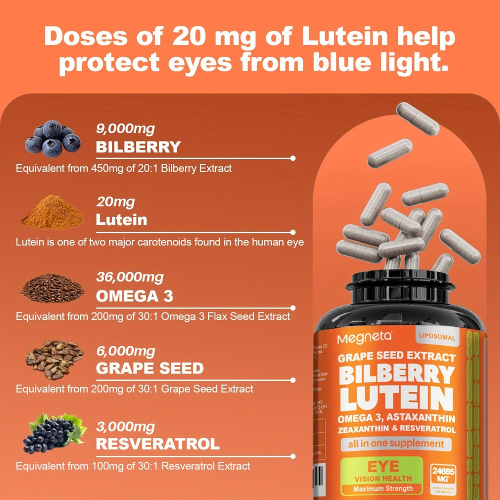 Eye Vitamins with Lutein & Zeaxanthin Capsules, Enhanced with Astaxanthin, Omega-3, Bilberry & Resveratrol for Vision Health Support