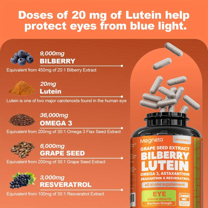 Eye Vitamins with Lutein & Zeaxanthin Capsules, Enhanced with Astaxanthin, Omega-3, Bilberry & Resveratrol for Vision Health Support