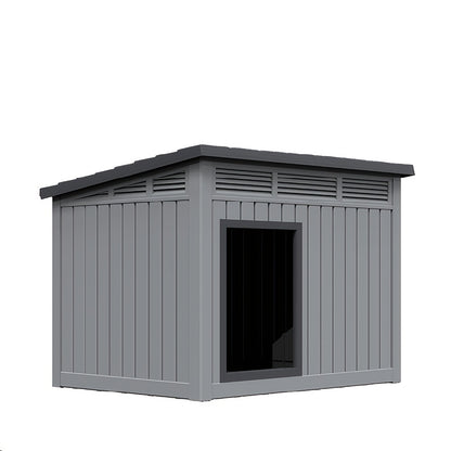 Outdoor Dog House Resin Kennel – All-Weather Slant Roof Dog Villa with Gas-Lift Ventilated Canopy, UV & Stormproof, Removable Top