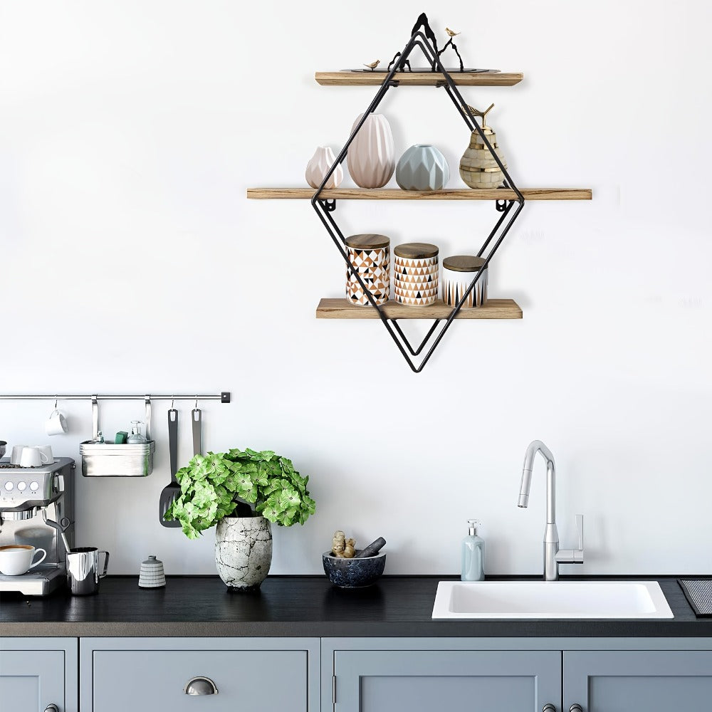 Three-Tier Diamond Wall Shelf with Dark Brown Boards, Black Wire Frame and 50 cm Pictured Height