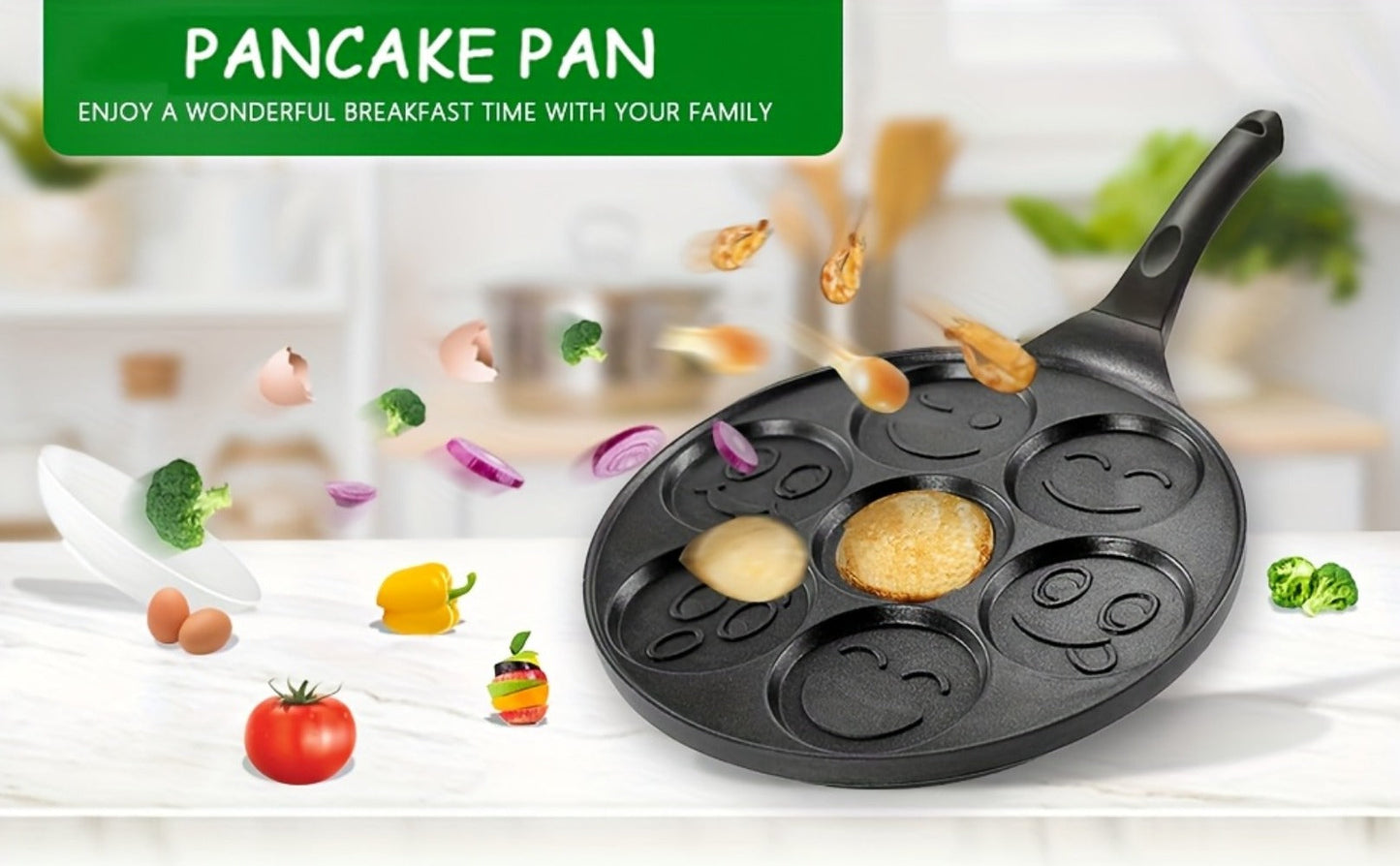 Non-Stick Pancake Pan 7-Hole Smiley Face, Fun Breakfast Egg & Bacon Frying Tray for Kids & Family
