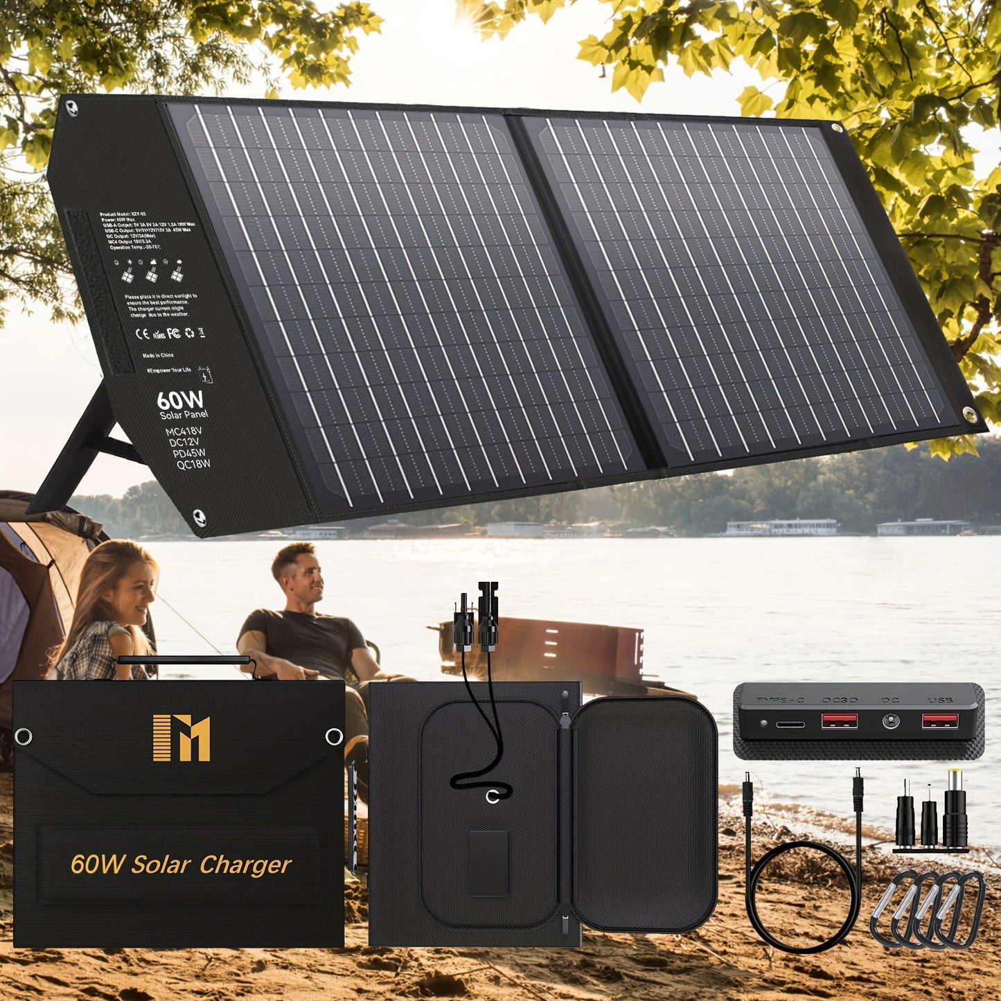 Foldable Solar Charger Panel 30W/60W/100W/200W – 18V MC4, Dual USB-A Quick Charge & USB-C PD 18W, Portable Solar Panel for Camping, RV