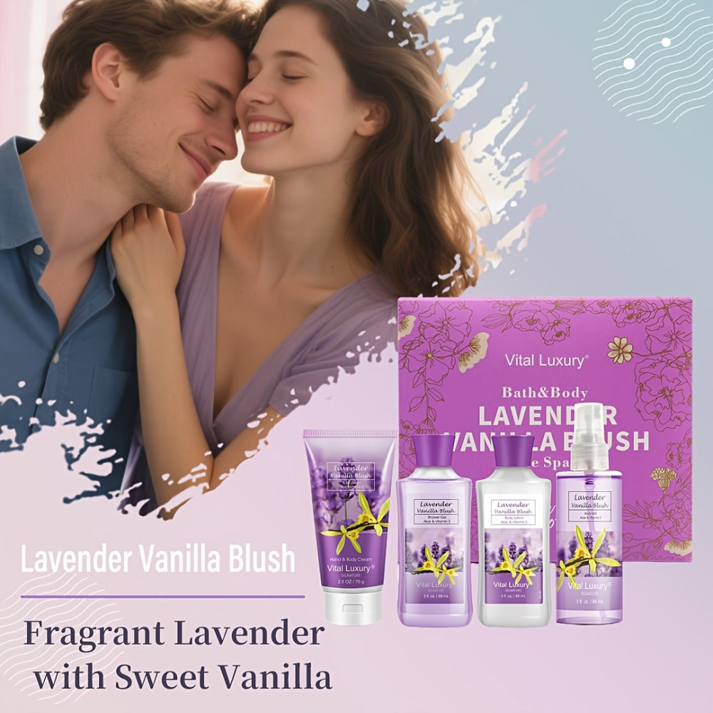 Luxury Bath Gift Set for Women 4pcs Lavender Vanilla Body Care Kit Shower Gel Body Lotion for Entryways, Bedrooms and Living Spaces