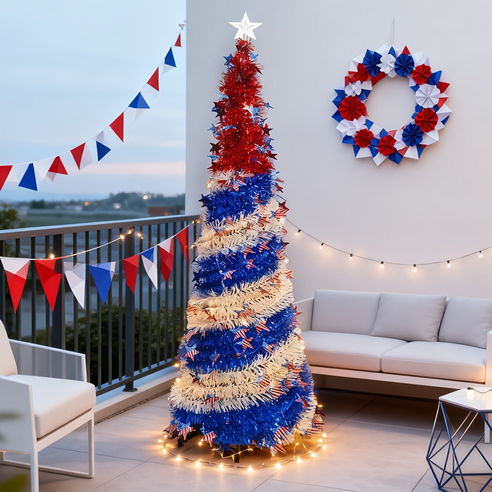 4th of July Patriotic Decoration Tree 5ft, Foldable LED Light String with Red White Blue Stars & Stripes