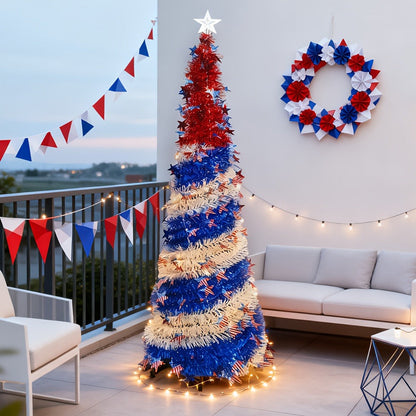 4th of July Patriotic Decoration Tree 5ft, Foldable LED Light String with Red White Blue Stars & Stripes