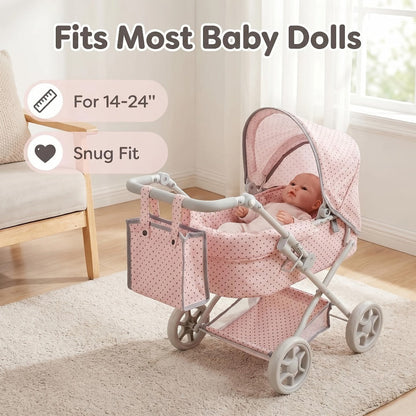 3-in-1 Baby Doll Stroller Set Pink Foldable Pram with Bassinet & Carry Bag with the Listed Color, Size or Set Options for Everyday Use