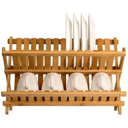 Bamboo Dish Drying Rack 2 Tier – Collapsible Wooden Dish Drainer with 14 Plate Slots, Compact Kitchen Counter Organizer for Dishes, Cups