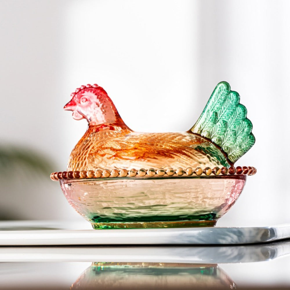 Chicken Shaped Glass Storage Jar with Lid Decorative Pearl Hen Candy Jar Reusable Desktop for Home Cooking, Dining and Outdoor Meals