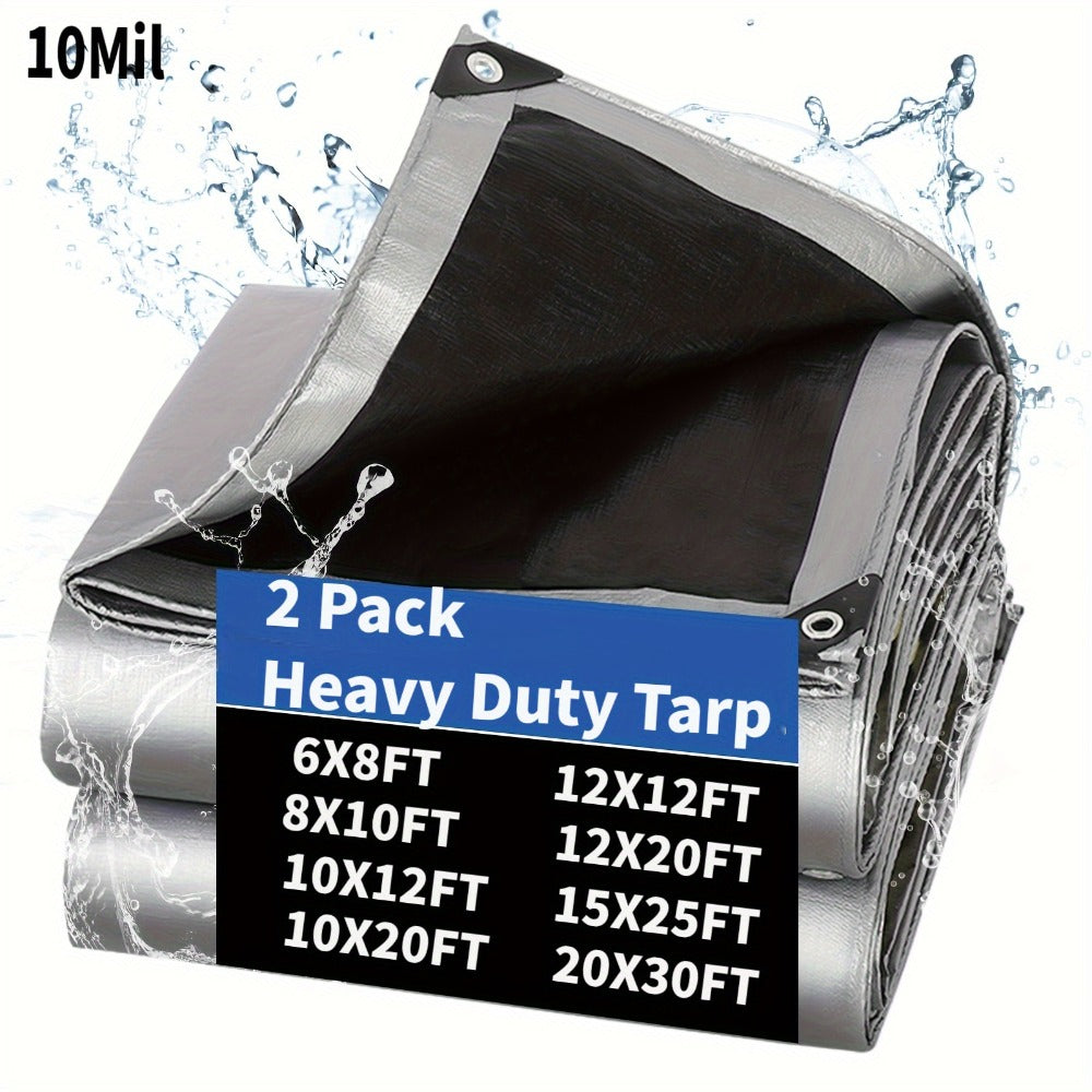 Tarp 2-Pack 10Mil 150GSM Black Silver, Tear-Proof Polyethylene Cover with Reinforced Grommets for Roof Pool Boat Car Camping & Outdoor