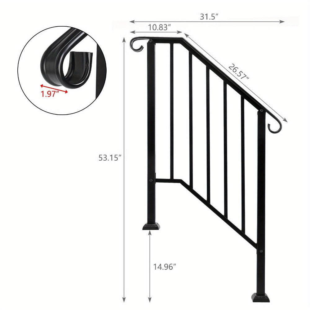 Wrought Iron Stair Handrail for 2-3 Steps - Matte Black & White Powder Coated Iron Picket Railing with Stainless Steel Post Mounts