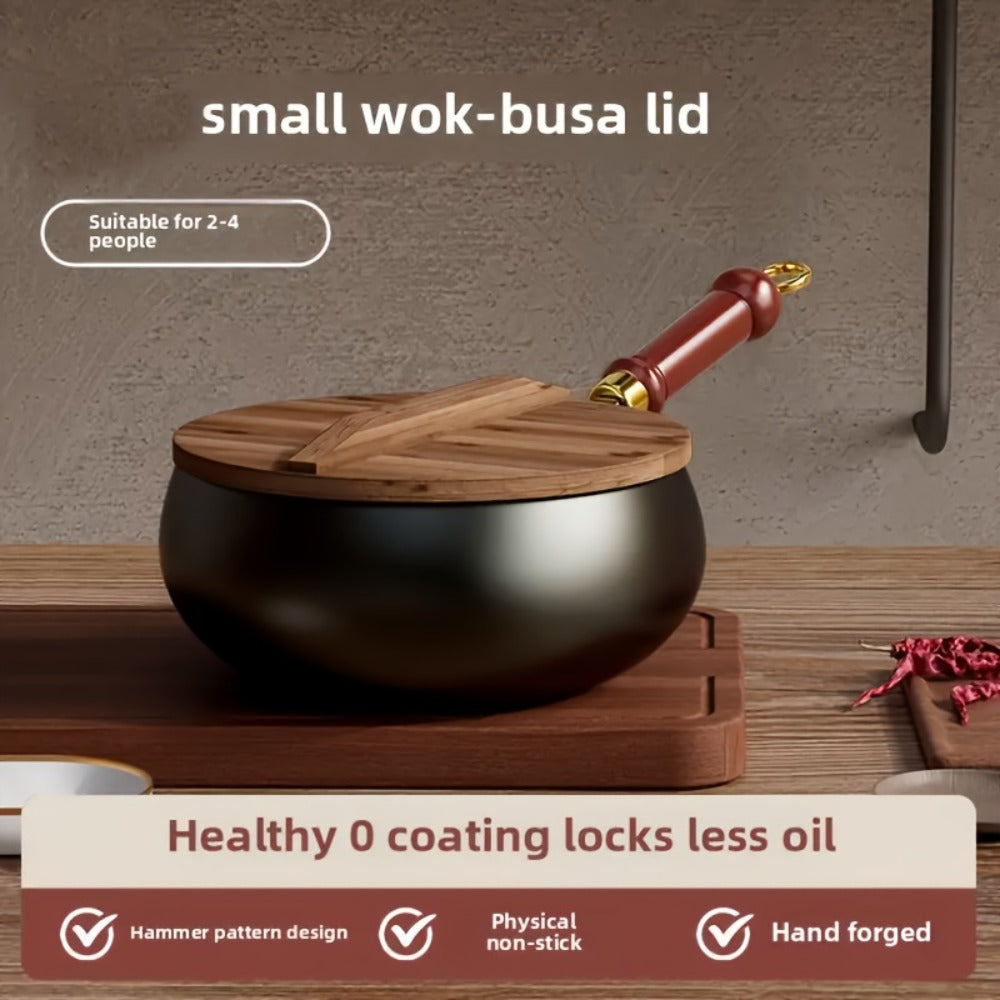 Cast Iron Wok 9.45 Inch Japanese Uncoated Iron Frying Pan Round Bottom Stir Fry Pan with Lid for Home Cooking, Dining and Outdoor Meals