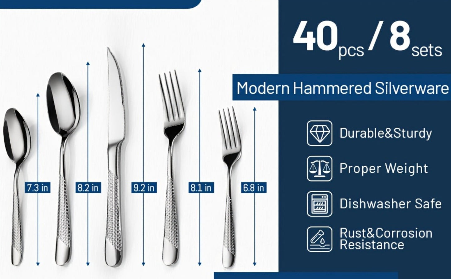40- or 48-Piece Hammered-Handle Flatware Set in Rose Gold or Silver with Option-Specific Knives