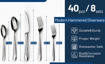 40- or 48-Piece Hammered-Handle Flatware Set in Rose Gold or Silver with Option-Specific Knives